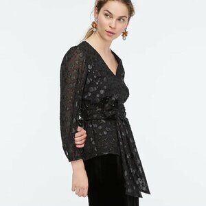 J.Crew Metallic Dot Tie Waist Blouse Top‎ S Black